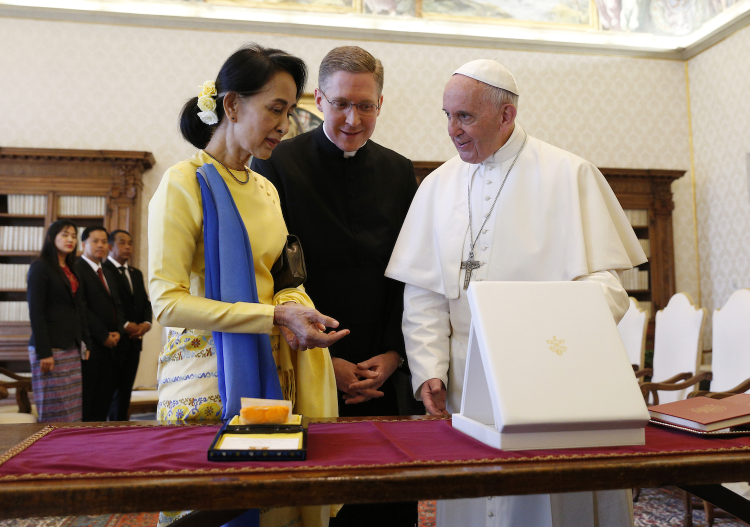Pope Francis greets Aung San Suu Kyi, leader of Myanmar, during a private audience at the Vatican May 4. (CNS photo/Paul Haring)