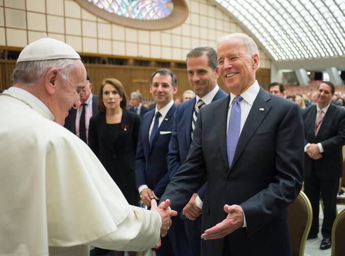 Pope Francis greets then-U.S. Vice President Joe Biden at the Vatican in this April 29, 2016, file photo. Church and diplomatic experts are assessing how U.S.-Vatican diplomacy will change with Biden, as U.S. president. He is the second Catholic elected to the nation's highest office in U.S. history. (CNS photo/L'Osservatore Romano)