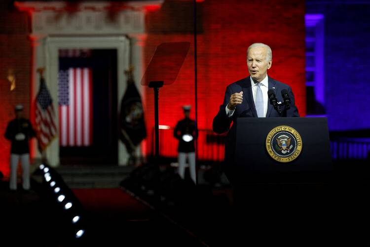 President Joe Biden delivers remarks on what he calls the "continued battle for the Soul of the Nation" in front of Independence Hall in Philadelphia.