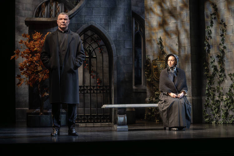 Liev Schreiber (Father Flynn) and Zoe Kazan (Sister James) in Roundabout Theatre Company’s new Broadway production of Doubt: A Parable by John Patrick Shanley, directed by Scott Ellis.