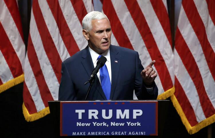 Indiana Gov. Mike Pence addresses a July 16, 2016 news conference in New York where he was introduced as the vice presidential running mate of Republican U.S. presidential candidate Donald Trump (CNS photo/Carlo Allegri, Reuters).