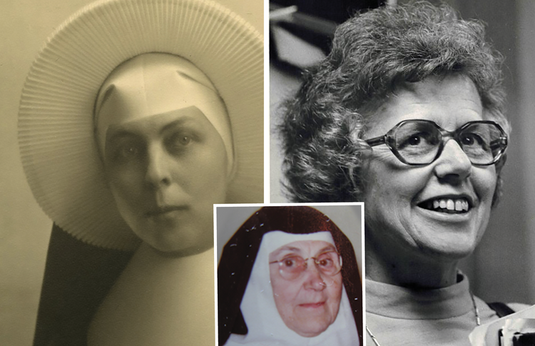 Pictured from left: Mary Madeleva Wolff, C.S.C., Jessica Powers (Sister Miriam of the Holy Spirit) and Madeline DeFrees (Mary Gilbert, S.N.J.M.) (photos: Saint Mary's College archives/Wikipedia/Madelinedefrees.com).