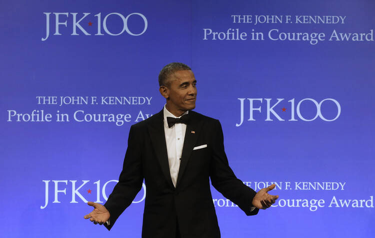 Former President Barack Obama accepts the 2017 Profile in Courage award at the John F. Kennedy Presidential Library and Museum. (AP Photo/Steven Senne)
