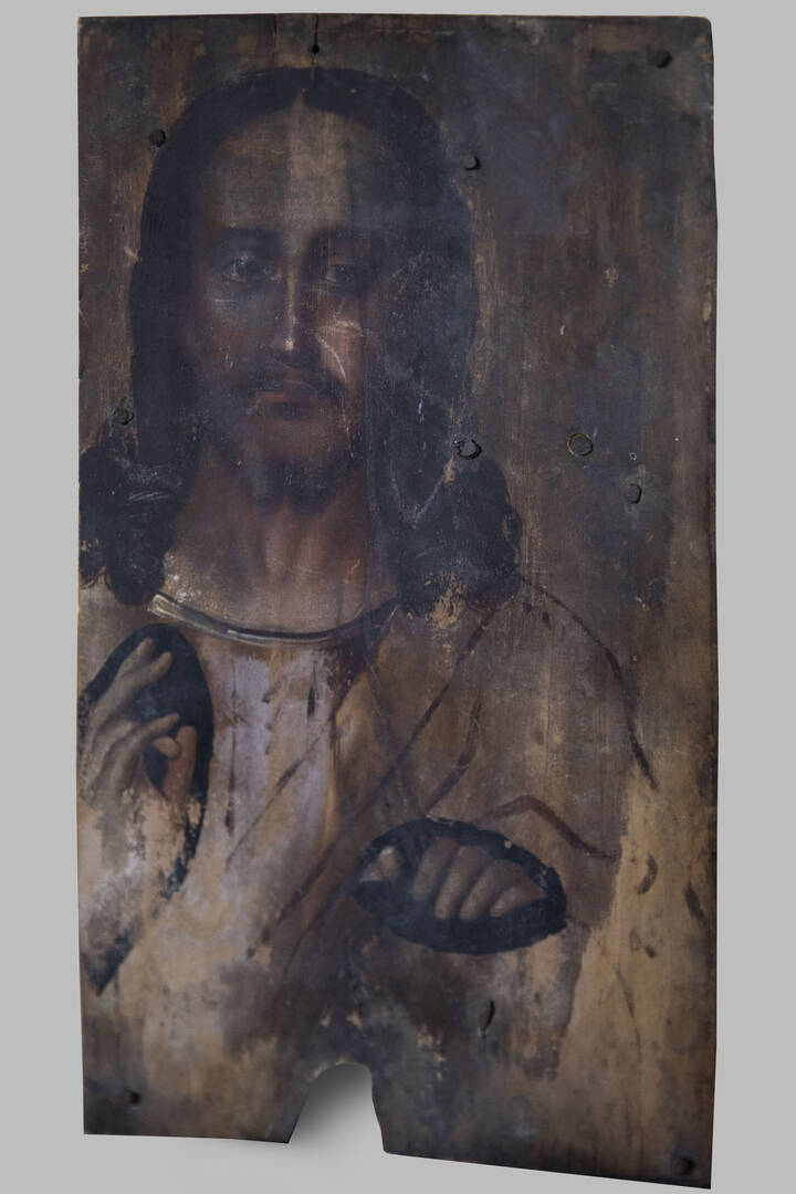 An icon of Jesus Christ saved from the church burned by the Russians in the village of Chervone in the Zaporizhzhia region.