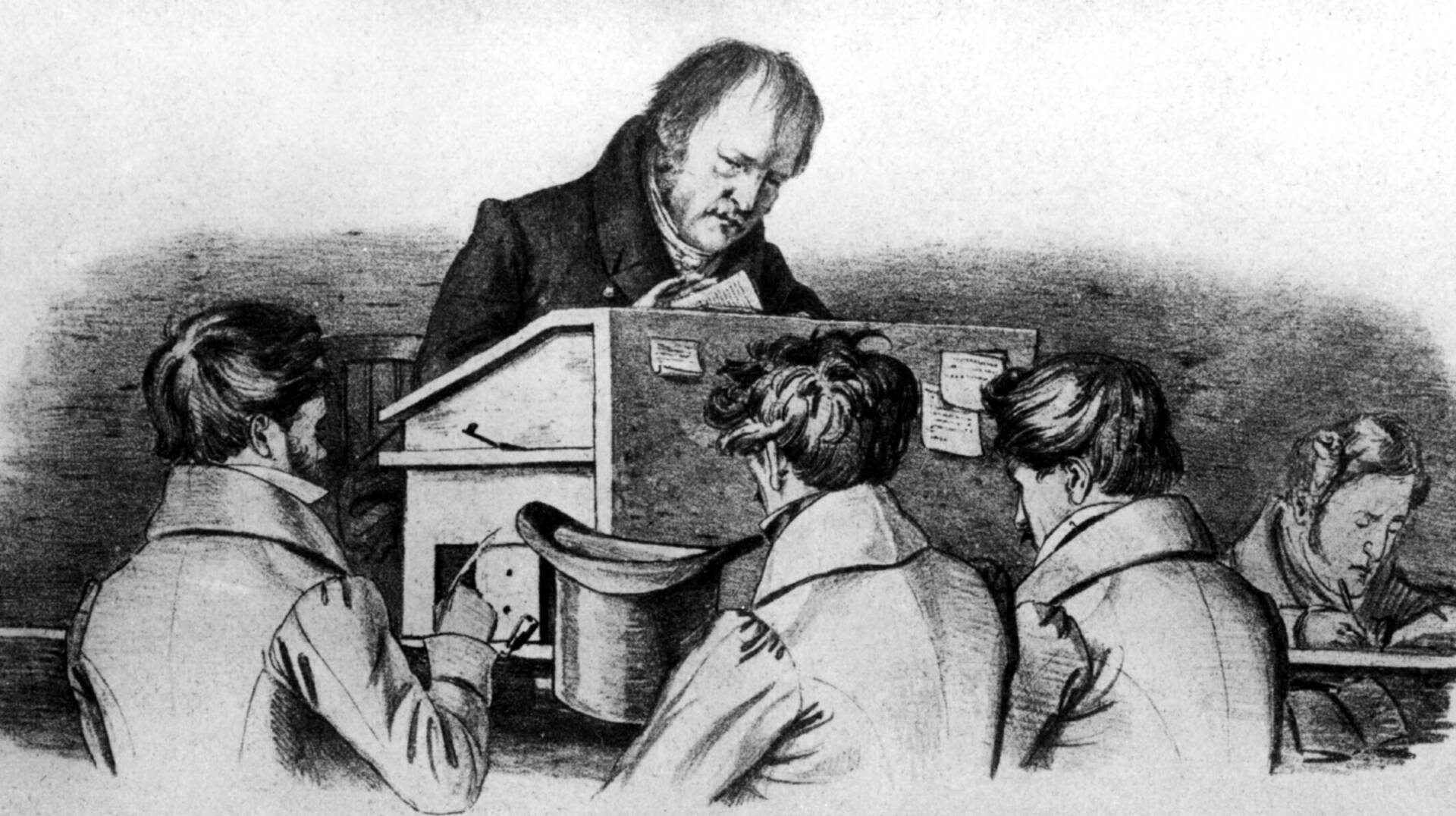 The 19th-century German philosopher G. W. F. Hegel with his students. If Hegel were alive today, his disciples would be encountering him on the monologue-friendly expanses of YouTube or Spotify.