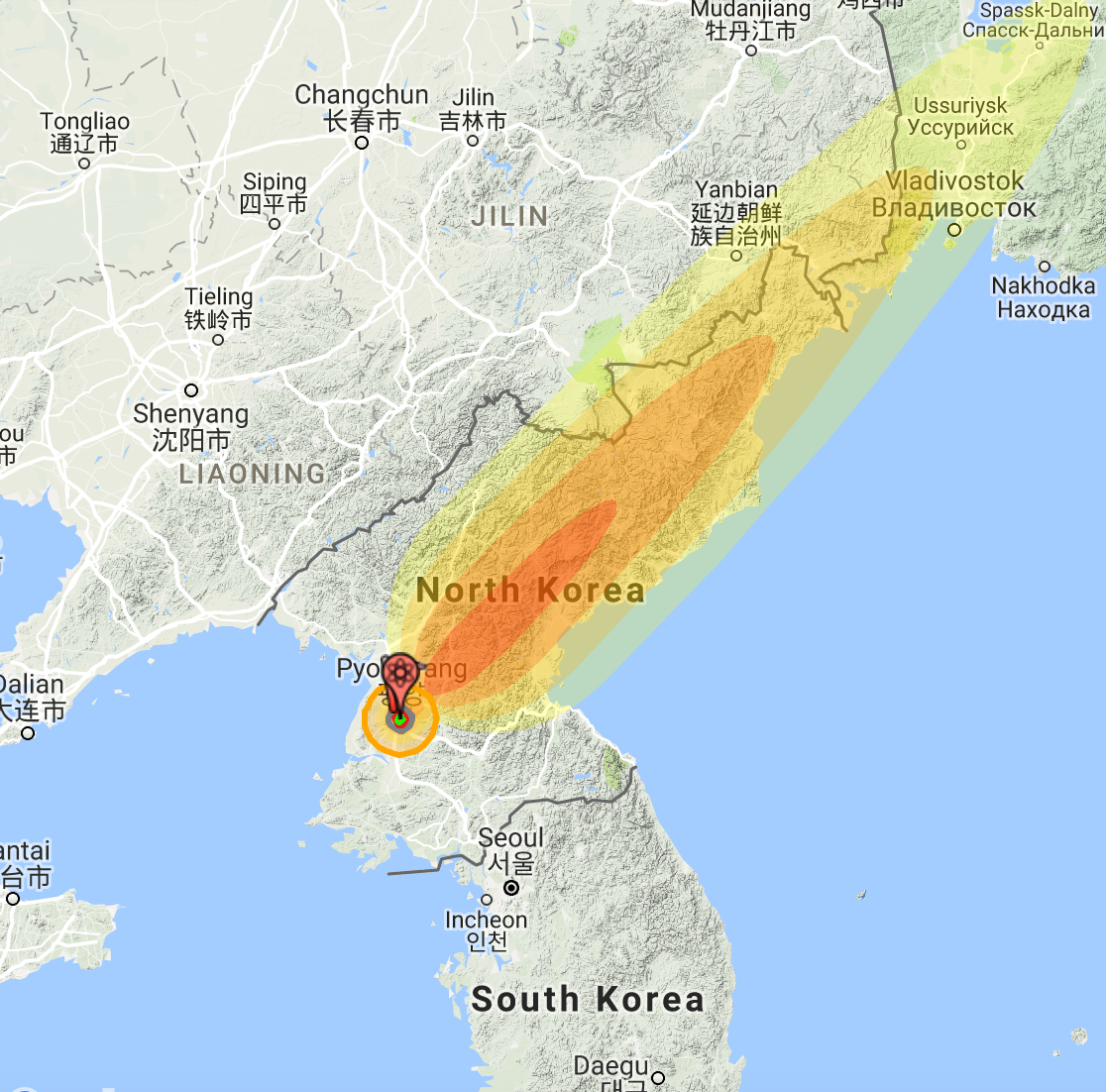 Simulation: 15 Megaton US “Castle Bravo” bomb detonated in Pyongyang. 