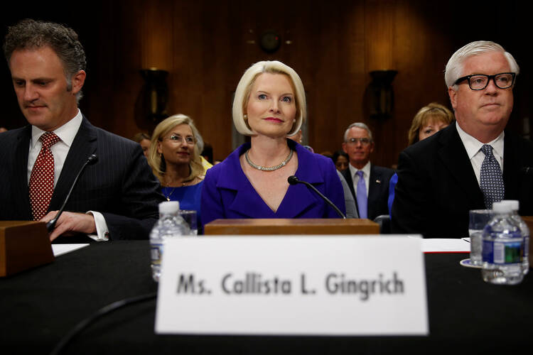 Callista Gingrich at a U.S. Senate Foreign Relations Committee confirmation hearing in Washington on July 18. Gingrich was nominated by President Donald Trump to be the U.S. ambassador to the Vatican. Her husband is former House Speaker Newt Gingrich. (CNS photo/Jonathan Ernst, Reuters)