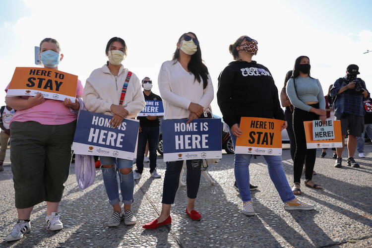 Demonstrators in San Diego rally in support of the Deferred Action for Childhood Arrivals program on June 18. (CNS photo/Mike Blake, Reuters)