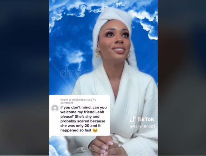 A screenshot of a TikTok video of Denise, who plays heaven's receptionist, dressed in a bathrobe