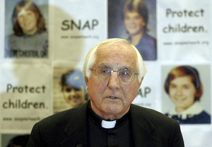 Auxiliary Bishop Thomas Gumbleton speaks on Jan. 11, 2006, at a press conference in Columbus, Ohio. Gumbleton, a Catholic bishop in Detroit who for decades was an international voice against war and racism and an advocate for labor and social justice, died Thursday, April 4, 2024. He was 94. (AP Photo/Kiichiro Sato, File)