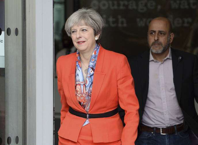 Prime Minister Theresa May leaves BBC studios in London after appearing on a morning show Sunday April 30, 2017. Britain goes to the polls for a General Election on upcoming June 8. ( John Stillwell/PA via AP)