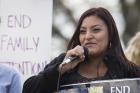 Beatriz Mejia of El Salvador speaks at a rally in front of the White House in Washington in March 2016 in support of immigrant families who are seeking asylum. (CNS photo/Tyler Orsburn)